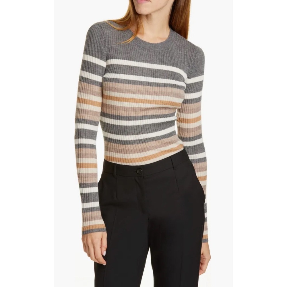 Theory Stripe Ribbed‎ Crewneck Cashmere Sweater Grey Cream Tan Womens Large